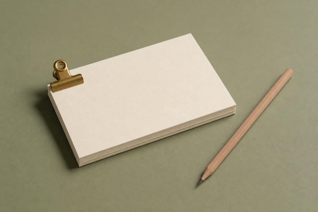 Stack of ivory index cards with a brass clip and a graphite pencil on a sage backdrop
