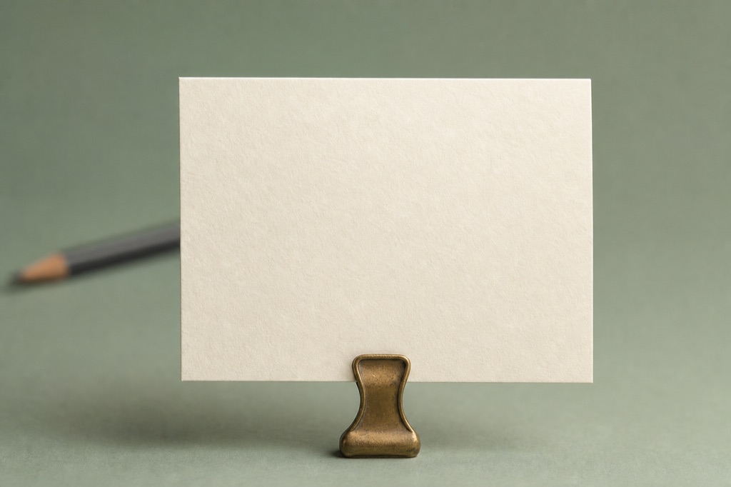 Stack of ivory index cards with a brass clip and a graphite pencil on a sage backdrop