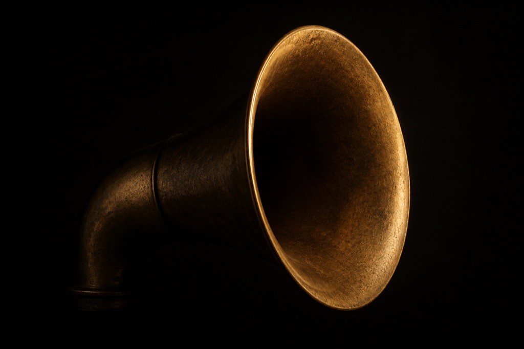 A single patinated brass horn loudspeaker lit by one amber lamp in a near-black room