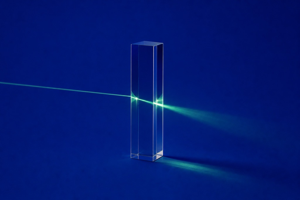 Glass prism refracting a beam of aurora-green light on an ultramarine backdrop