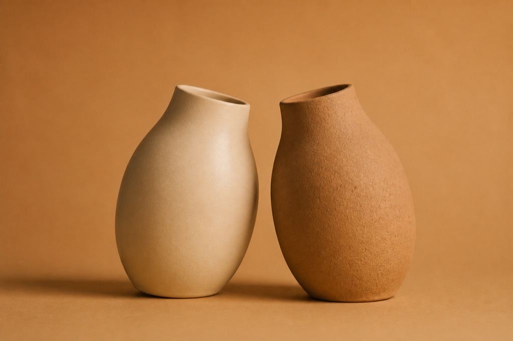 Two matte ceramic vessels leaning toward each other on a warm ochre backdrop, one glazed and one raw clay