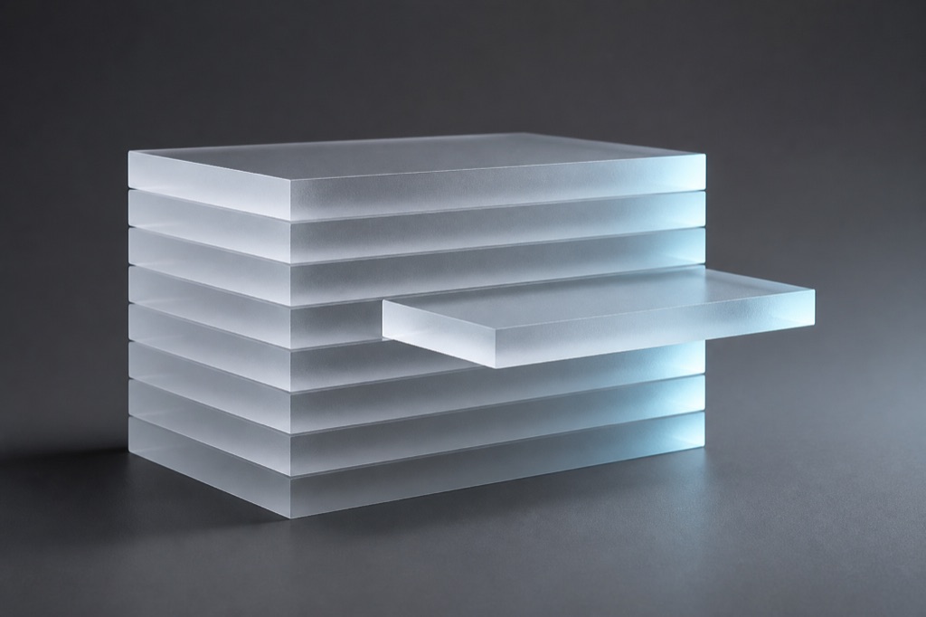 A stack of translucent frosted acrylic slabs edge-lit against a graphite backdrop, one slab pulled slightly out
