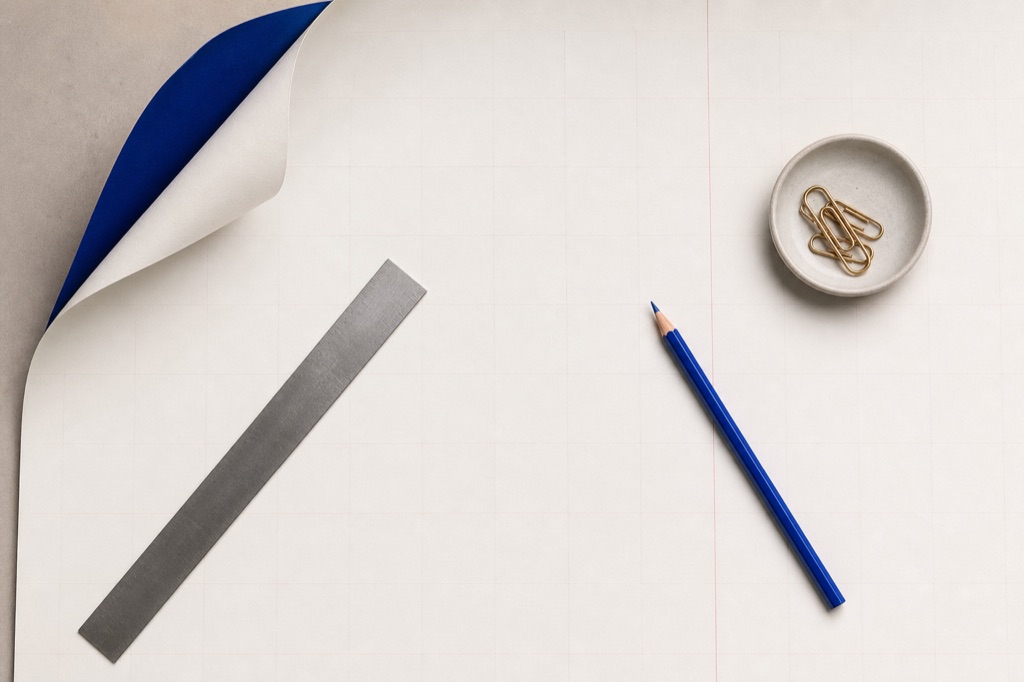 Top-down view of a drafting table: paper with a faint red grid, a steel ruler, an ultramarine pencil and brass clips