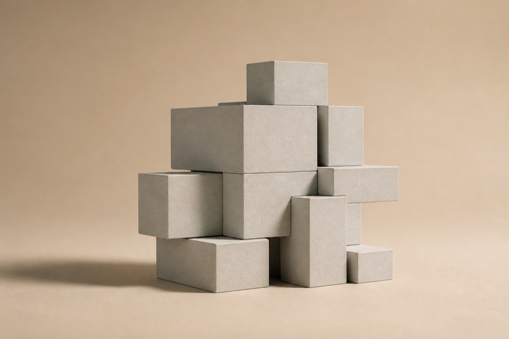 Interlocking matte ceramic cubes stacked like modular containers on a sand backdrop