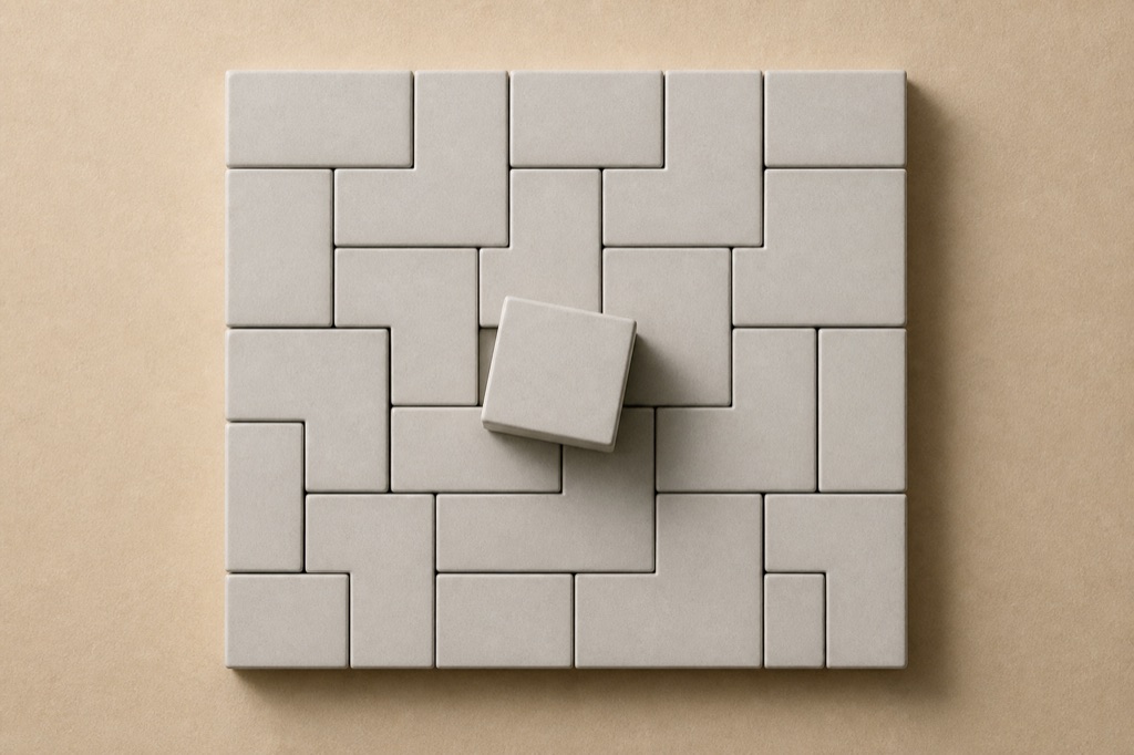 Interlocking matte ceramic cubes stacked like modular containers on a sand backdrop