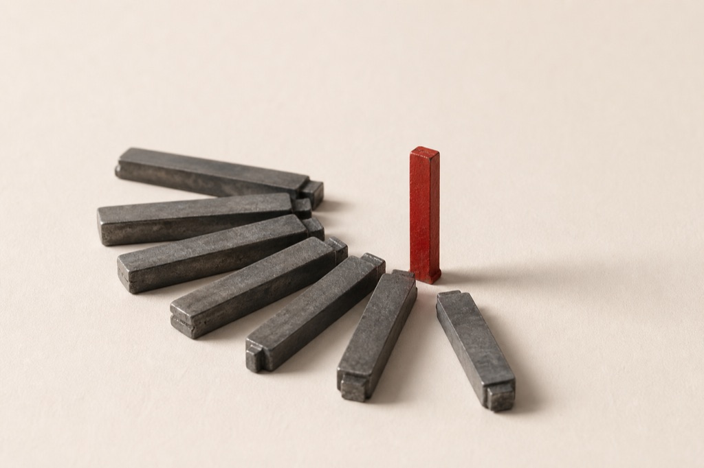 Antique lead type sorts fanned across bone-white paper, one of them standing upright and painted vermilion