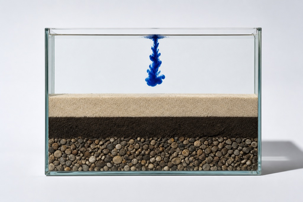 Glass tank in cross-section holding clear water, sand, silt and gravel, with an ink-blue dye plume curling downward